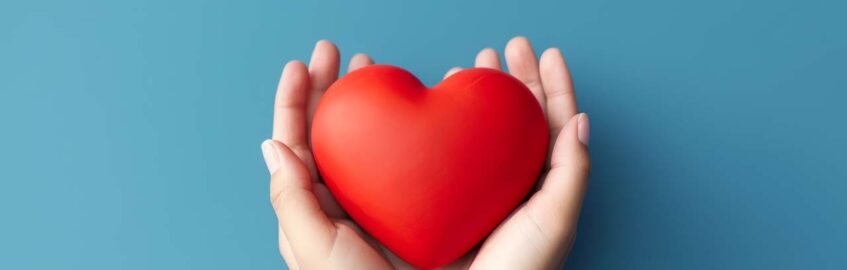 Two hands holding a red heart.