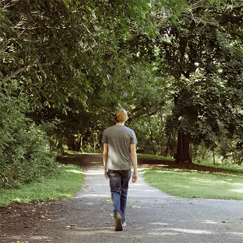 Picture of a man walking away from the camera on a path surrounded by trees.